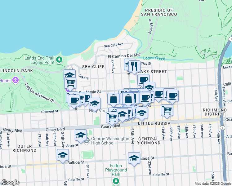 map of restaurants, bars, coffee shops, grocery stores, and more near 302 27th Avenue in San Francisco