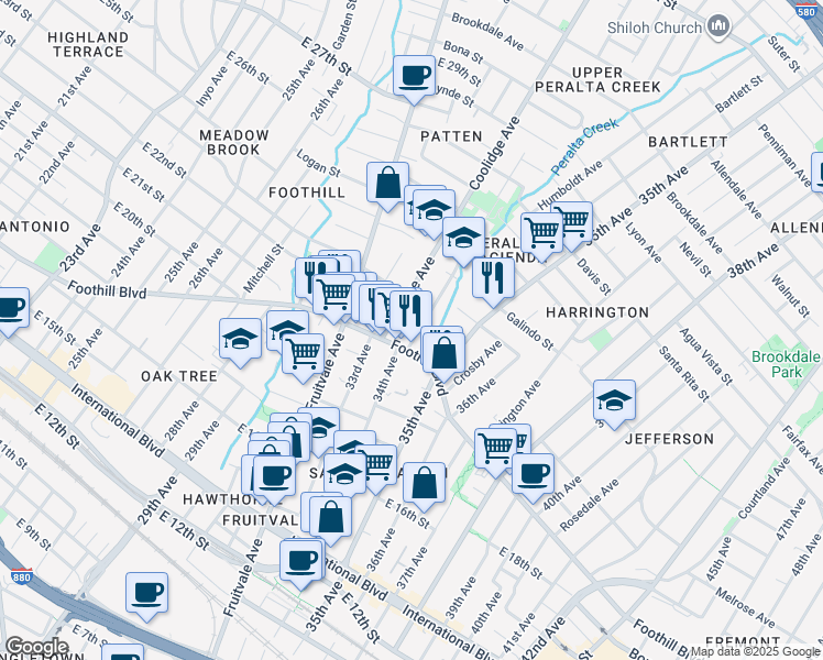 map of restaurants, bars, coffee shops, grocery stores, and more near 2025 34th Avenue in Oakland