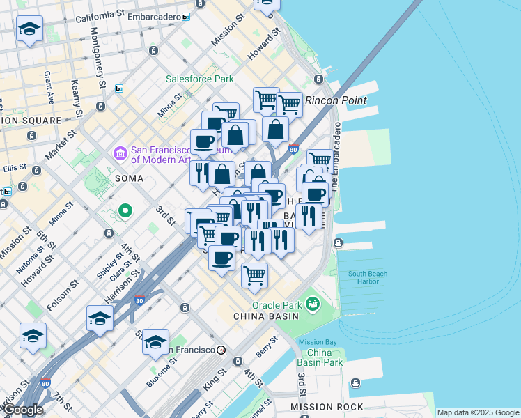 map of restaurants, bars, coffee shops, grocery stores, and more near 355 Bryant Street in San Francisco