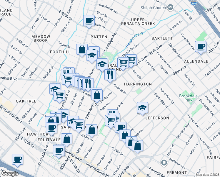 map of restaurants, bars, coffee shops, grocery stores, and more near 3516 Harper Street in Oakland