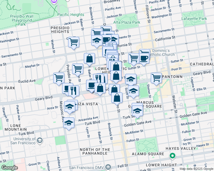 map of restaurants, bars, coffee shops, grocery stores, and more near 2238 Geary Boulevard in San Francisco