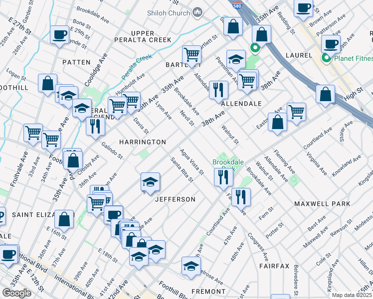map of restaurants, bars, coffee shops, grocery stores, and more near 3822 Agua Vista Street in Oakland