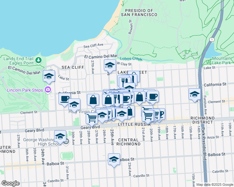 map of restaurants, bars, coffee shops, grocery stores, and more near 317 24th Avenue in San Francisco