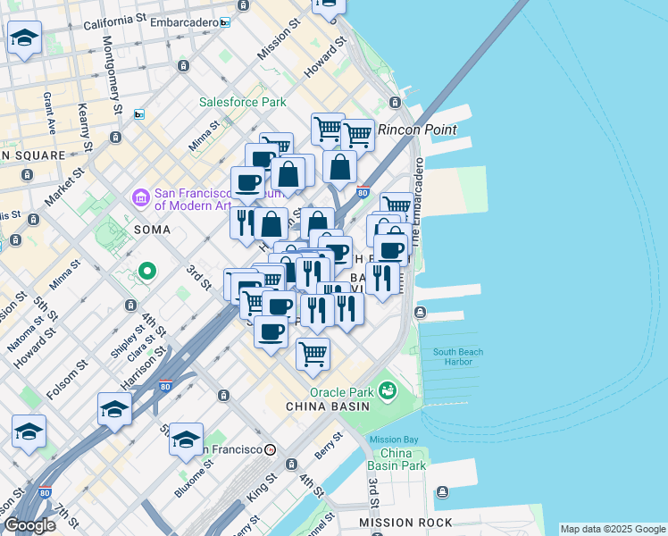 map of restaurants, bars, coffee shops, grocery stores, and more near 355 Bryant Street in San Francisco