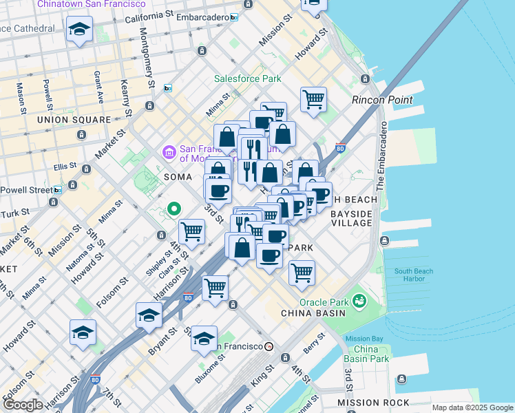 map of restaurants, bars, coffee shops, grocery stores, and more near 631 Harrison Street in San Francisco