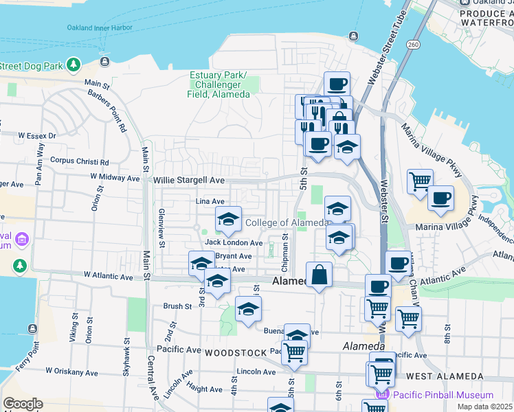 map of restaurants, bars, coffee shops, grocery stores, and more near 2 Jouett Square in Alameda