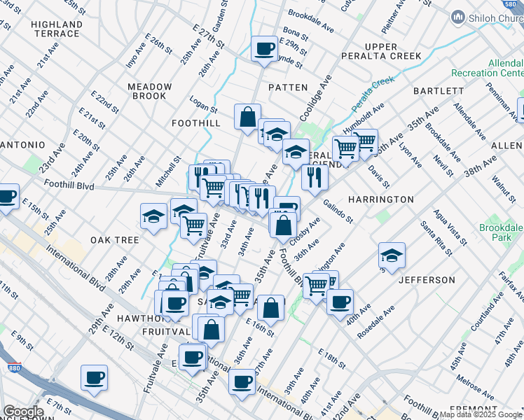 map of restaurants, bars, coffee shops, grocery stores, and more near 2025 34th Avenue in Oakland