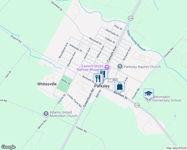 map of restaurants, bars, coffee shops, grocery stores, and more near 18485 Wilson Avenue in Parksley