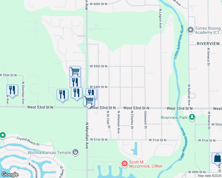 map of restaurants, bars, coffee shops, grocery stores, and more near 5474 North Saint Clair Street in Wichita