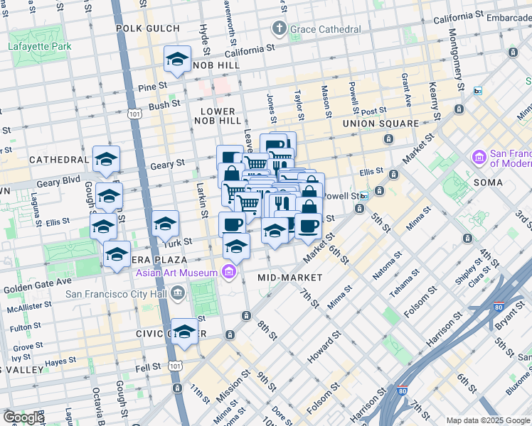 map of restaurants, bars, coffee shops, grocery stores, and more near 385 Eddy Street in San Francisco