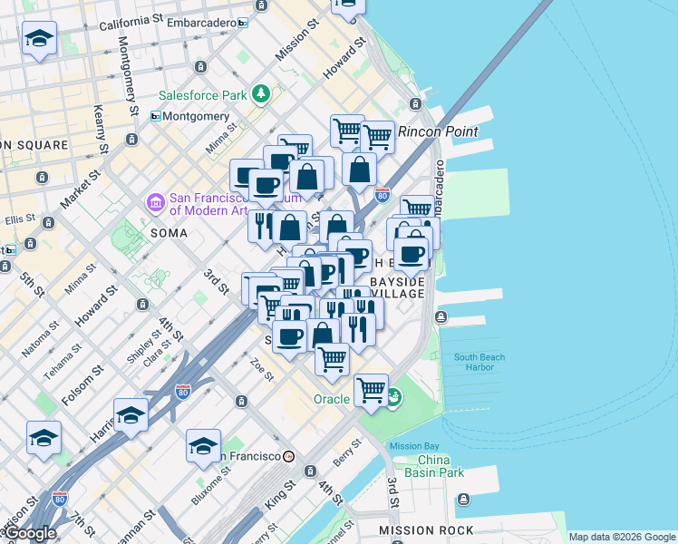 map of restaurants, bars, coffee shops, grocery stores, and more near 355 Bryant Street in San Francisco