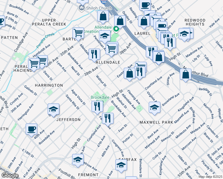 map of restaurants, bars, coffee shops, grocery stores, and more near 2701 High Street in Oakland