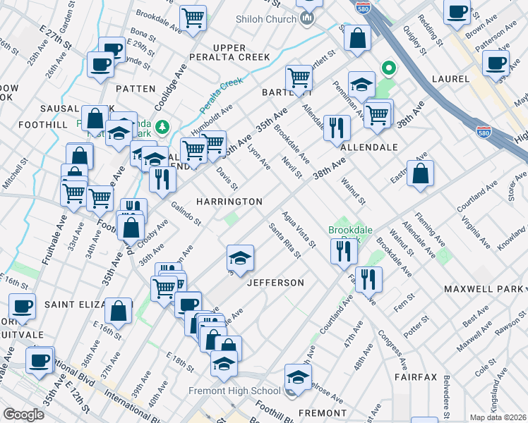 map of restaurants, bars, coffee shops, grocery stores, and more near 3718 Santa Rita Street in Oakland