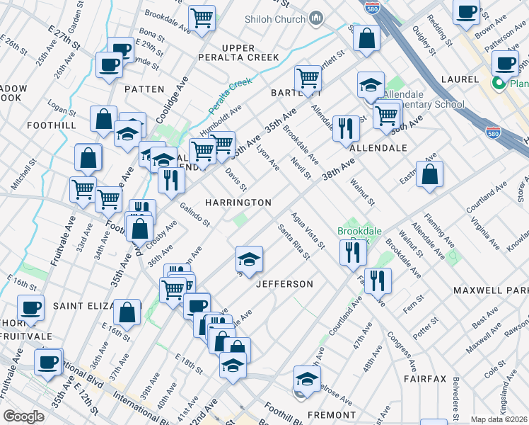 map of restaurants, bars, coffee shops, grocery stores, and more near 3718 Santa Rita Street in Oakland