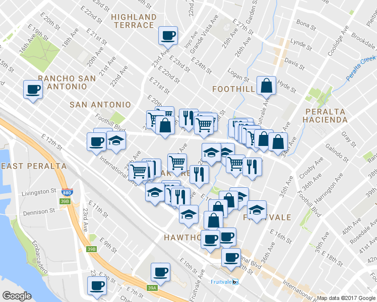 map of restaurants, bars, coffee shops, grocery stores, and more near 1751 28th Avenue in Oakland