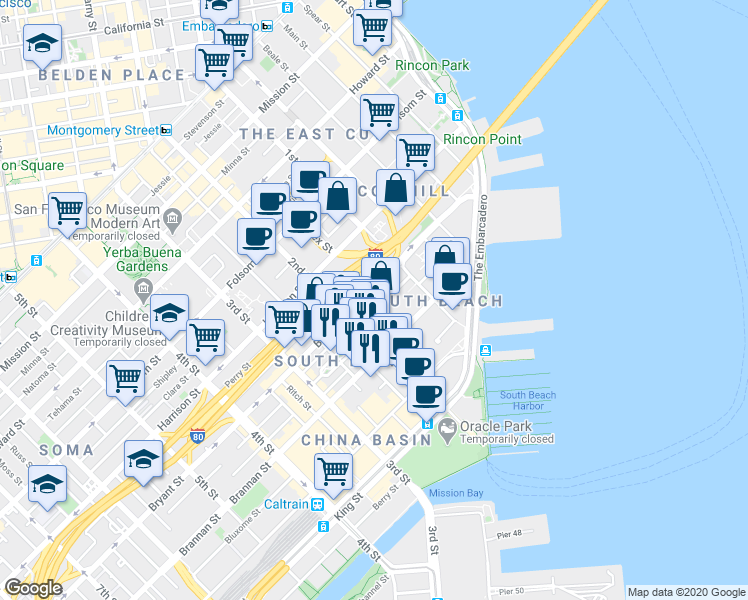 map of restaurants, bars, coffee shops, grocery stores, and more near 355 Bryant Street in San Francisco