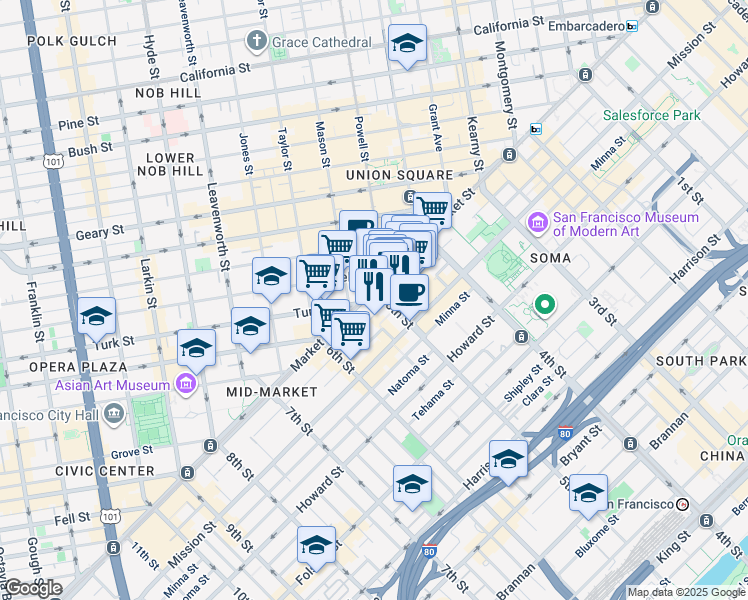 map of restaurants, bars, coffee shops, grocery stores, and more near in San Francisco