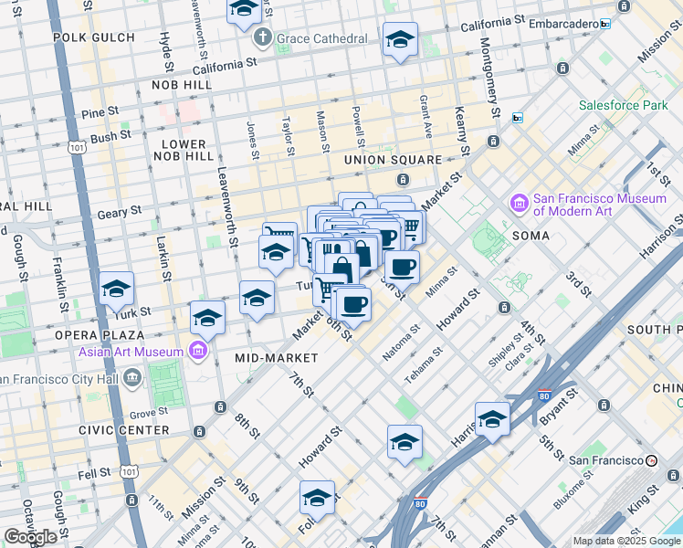 map of restaurants, bars, coffee shops, grocery stores, and more near 964 Market Street in San Francisco