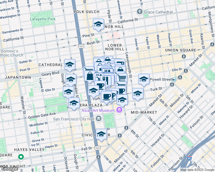 map of restaurants, bars, coffee shops, grocery stores, and more near in San Francisco