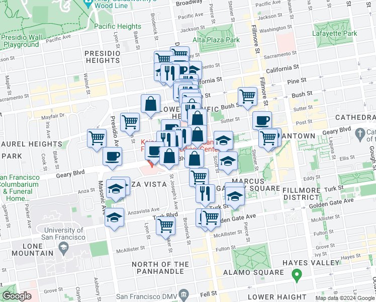 map of restaurants, bars, coffee shops, grocery stores, and more near 2238 Geary Boulevard in San Francisco