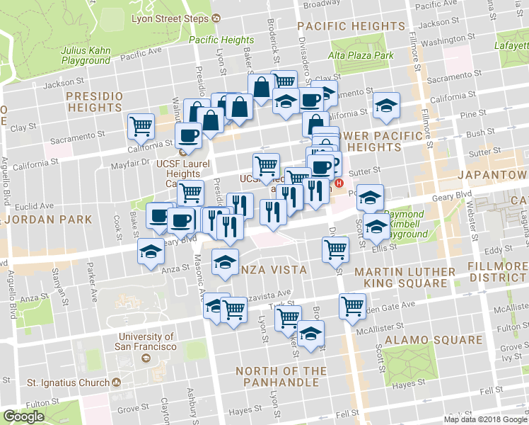 map of restaurants, bars, coffee shops, grocery stores, and more near 2531 Post Street in San Francisco