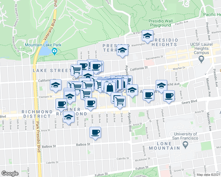 map of restaurants, bars, coffee shops, grocery stores, and more near 277 3rd Avenue in San Francisco