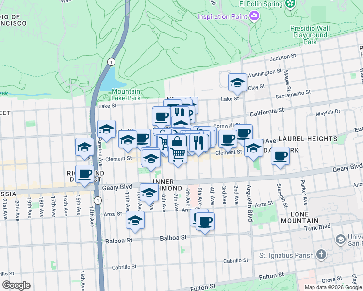 map of restaurants, bars, coffee shops, grocery stores, and more near 431 Clement Street in San Francisco