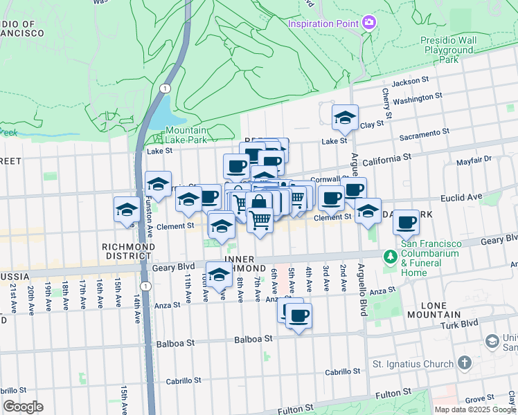 map of restaurants, bars, coffee shops, grocery stores, and more near 431 Clement Street in San Francisco