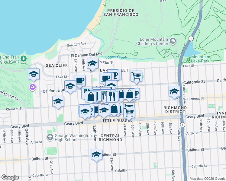 map of restaurants, bars, coffee shops, grocery stores, and more near in San Francisco