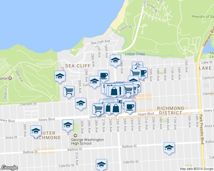 map of restaurants, bars, coffee shops, grocery stores, and more near 302 27th Avenue in San Francisco