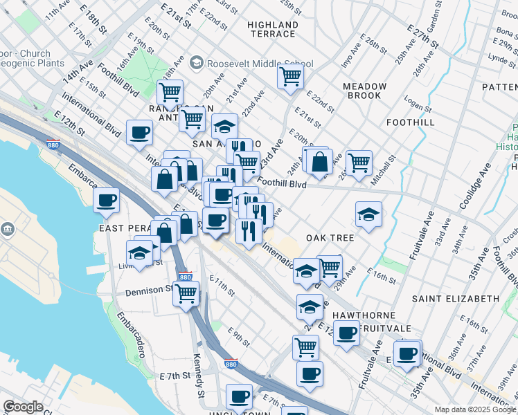 map of restaurants, bars, coffee shops, grocery stores, and more near 2372 East 15th Street in Oakland