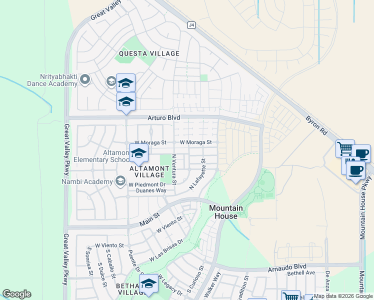 map of restaurants, bars, coffee shops, grocery stores, and more near 253 West Saint Francis Avenue in Tracy