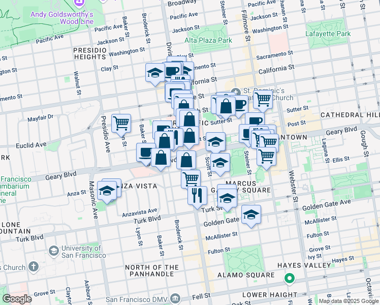 map of restaurants, bars, coffee shops, grocery stores, and more near 2186 Geary Boulevard in San Francisco