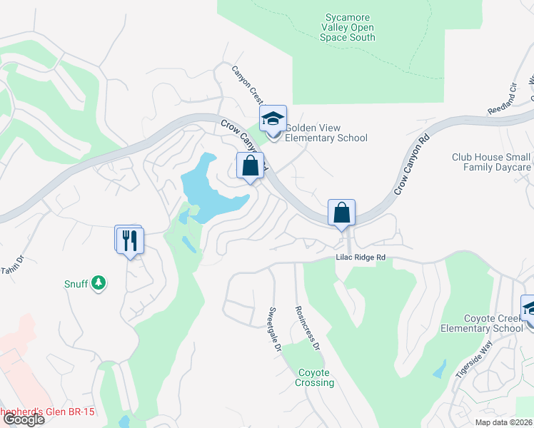 map of restaurants, bars, coffee shops, grocery stores, and more near 6028 Lakeview Circle in San Ramon