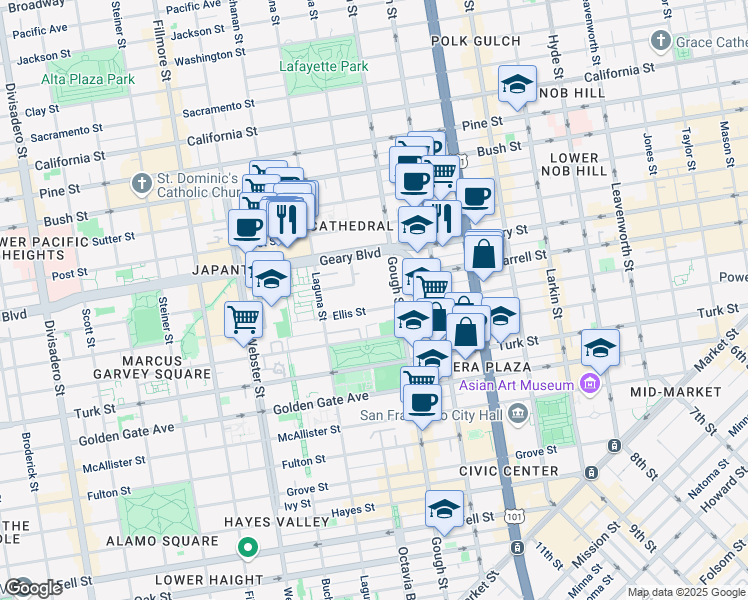 map of restaurants, bars, coffee shops, grocery stores, and more near 1100 Ellis Street in San Francisco