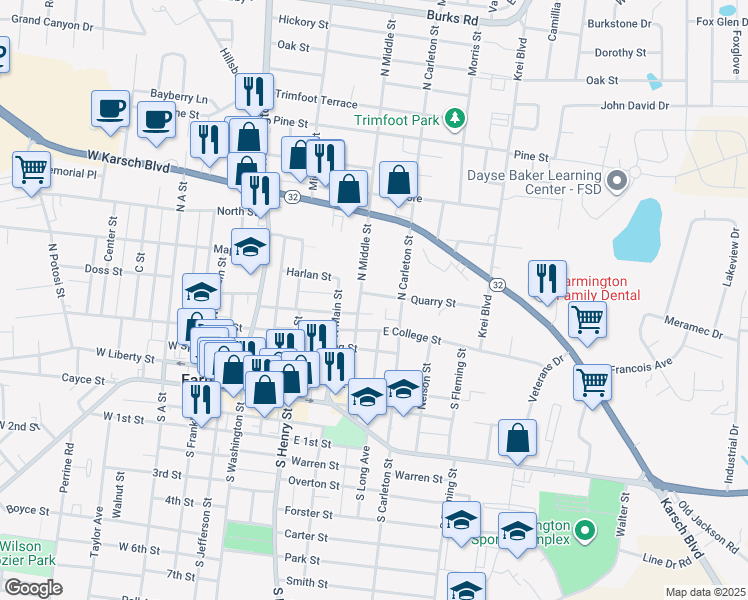 map of restaurants, bars, coffee shops, grocery stores, and more near 406 Quarry Street in Farmington