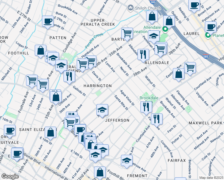 map of restaurants, bars, coffee shops, grocery stores, and more near 3718 Santa Rita St in Oakland