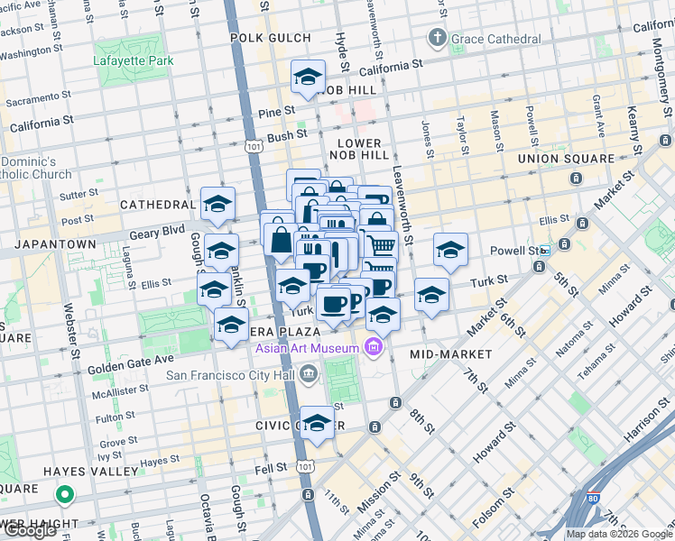 map of restaurants, bars, coffee shops, grocery stores, and more near in San Francisco