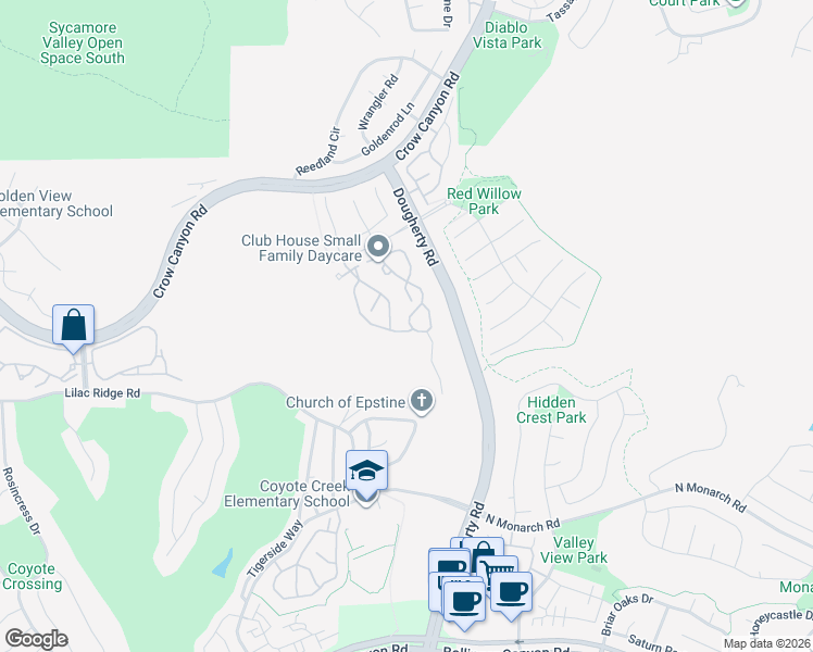 map of restaurants, bars, coffee shops, grocery stores, and more near 500 South Clovercrest Lane in San Ramon