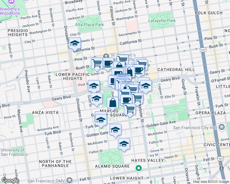 map of restaurants, bars, coffee shops, grocery stores, and more near 1540 Steiner Street in San Francisco