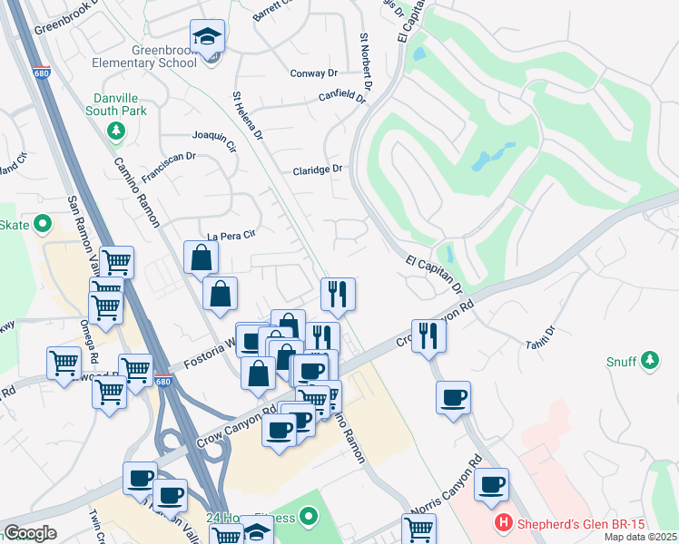 map of restaurants, bars, coffee shops, grocery stores, and more near 3404 Fostoria Way in Danville
