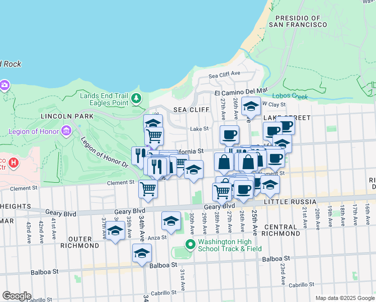 map of restaurants, bars, coffee shops, grocery stores, and more near California St & 30th Ave in San Francisco