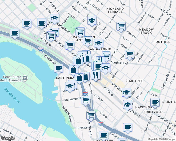 map of restaurants, bars, coffee shops, grocery stores, and more near 2234 East 12th Street in Oakland