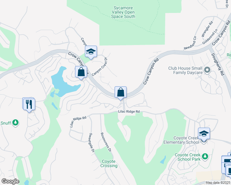 map of restaurants, bars, coffee shops, grocery stores, and more near 2170 Canyon Crest Avenue in San Ramon