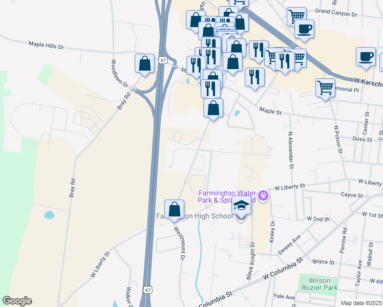 map of restaurants, bars, coffee shops, grocery stores, and more near 1250 Hazel Lane in Farmington