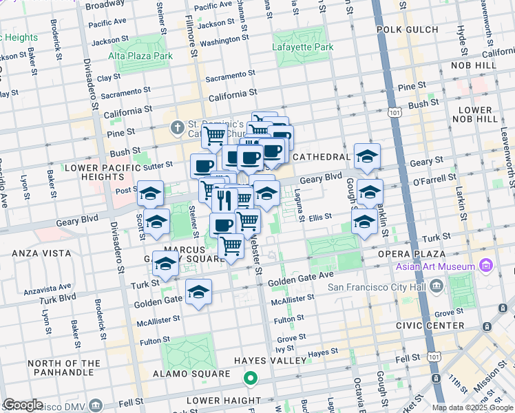 map of restaurants, bars, coffee shops, grocery stores, and more near 1520 O'Farrell Street in San Francisco