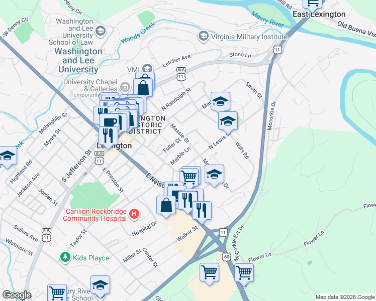 map of restaurants, bars, coffee shops, grocery stores, and more near 18 Marble Lane in Lexington