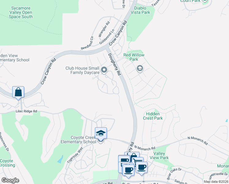 map of restaurants, bars, coffee shops, grocery stores, and more near 493 South Clovercrest Lane in San Ramon