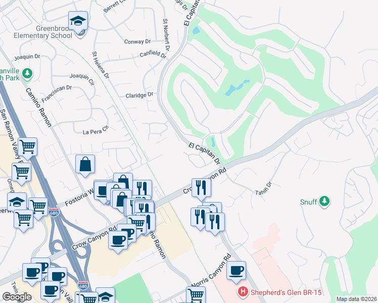 map of restaurants, bars, coffee shops, grocery stores, and more near 2120 Oneida Circle in Danville