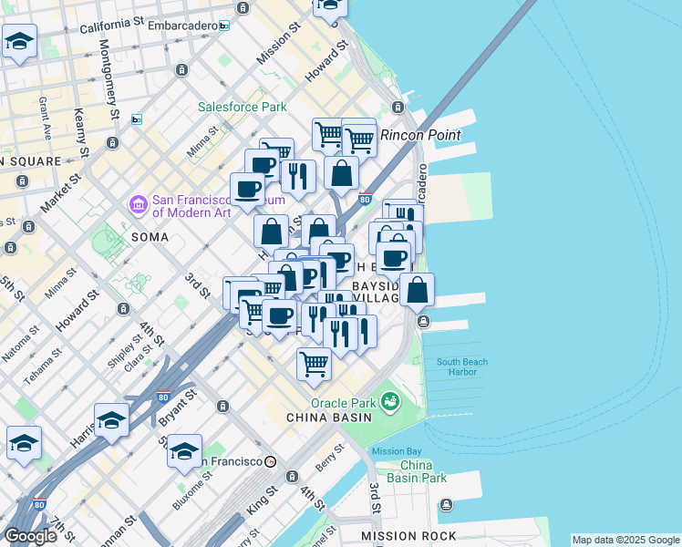map of restaurants, bars, coffee shops, grocery stores, and more near 41 Federal Street in San Francisco